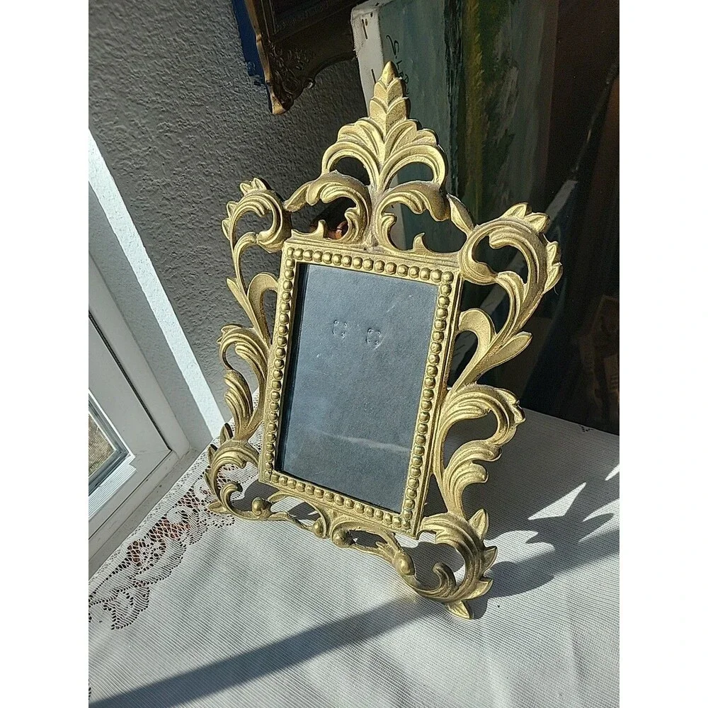 Vintage Ornate Cast Brass Art Nouveau Picture Frame Holds 4” X 6” Picture